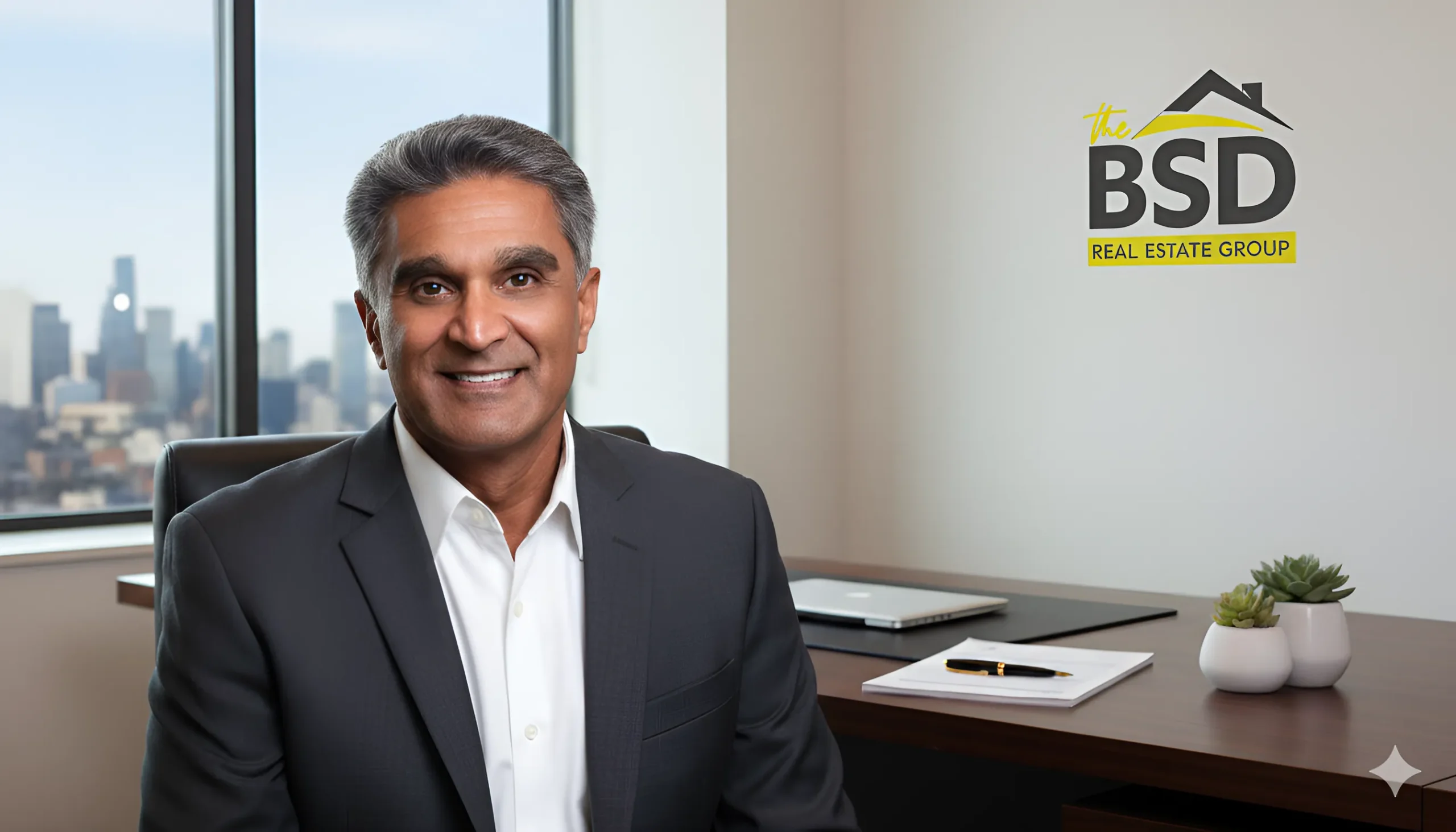 Professional executive portrait of Brad Dhesi in a modern California office with city skyline, representing luxury and commercial real estate expertise.