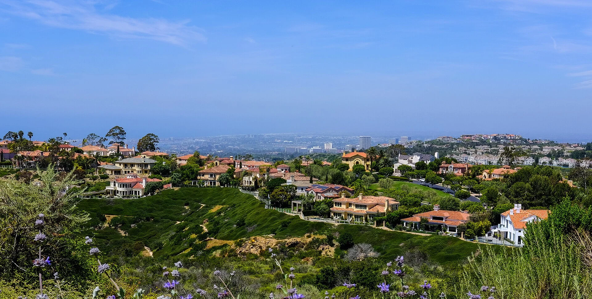 View of fancy houses on the hills in Laguna Hills, California, with green valley and city in the background.