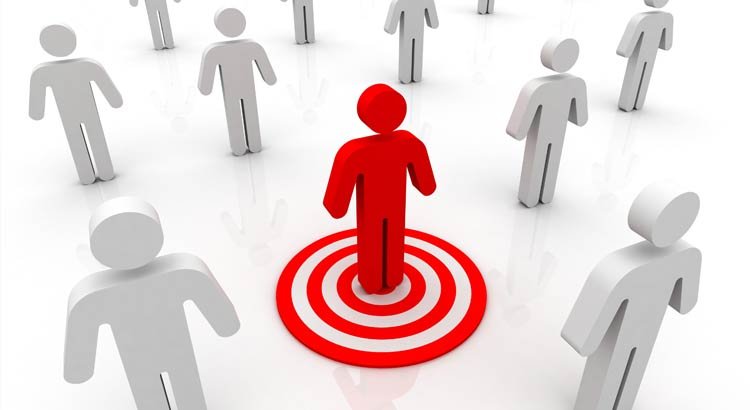 3D illustration of a red figure at the center of a red and white target, surrounded by gray figures, representing strategic market targeting.