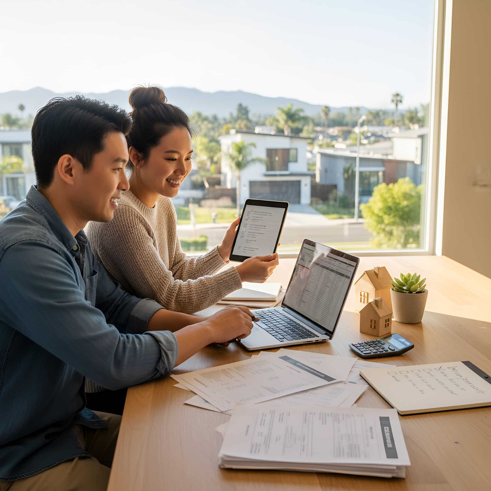A young couple checking the house and computing with their laptop and paper in California