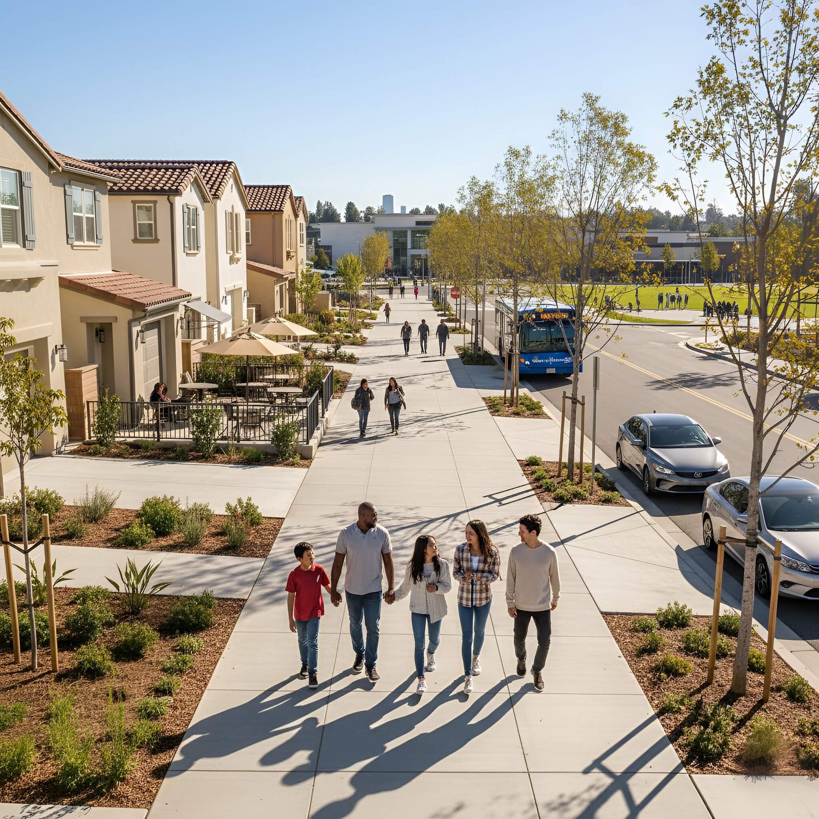 California planned community with families walking along a sunlit walkway past modern residences, outdoor cafés, and public transit.